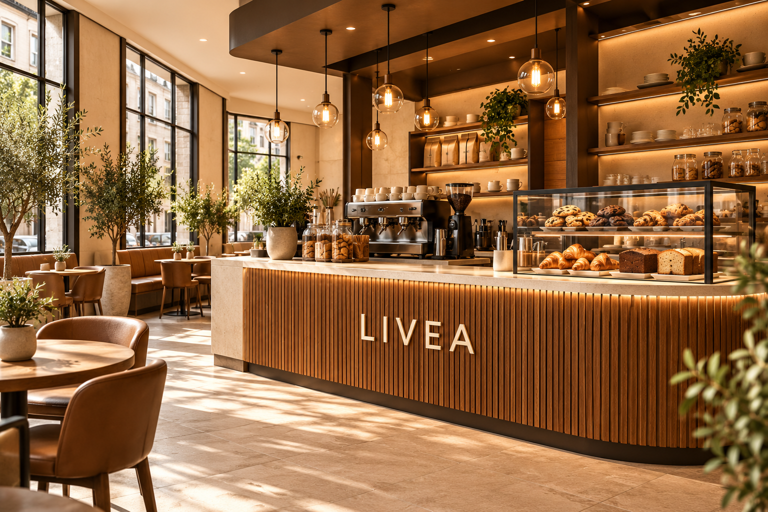LIVEA café concept with curved timber counter and warm lighting